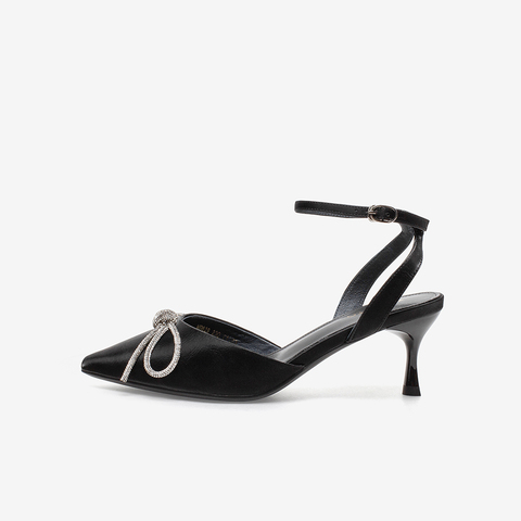 百思图2021夏新款商场同款简约蝴蝶结气质细跟尖头凉鞋女MB829BH1