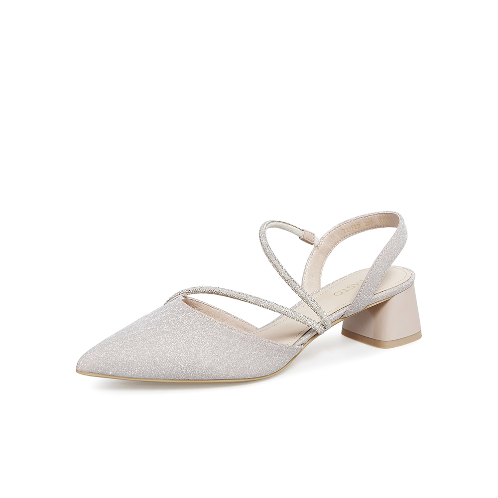 百思图2021夏季新款商场同款时髦气质粗跟尖头亮钻凉鞋女TDJ23BH1