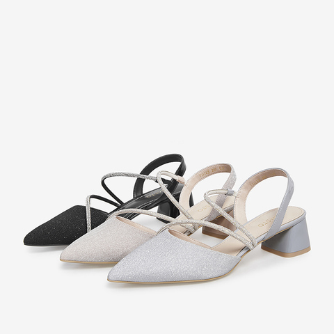 百思图2021夏季新款商场同款时髦气质粗跟尖头亮钻凉鞋女TDJ23BH1