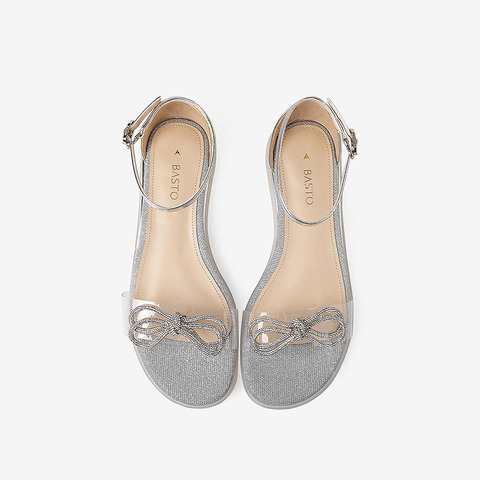 百思图2021夏季新款商场同款时尚一字带蝴蝶结女凉鞋RWZ20BL1