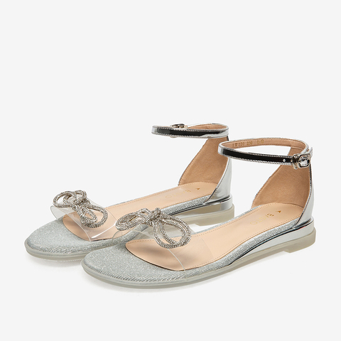 百思图2021夏季新款商场同款时尚一字带蝴蝶结女凉鞋RWZ20BL1