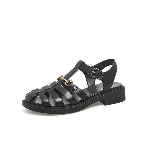 百思图2021夏季新款时尚休闲金属扣沙滩厚底女凉鞋WRK06BL1