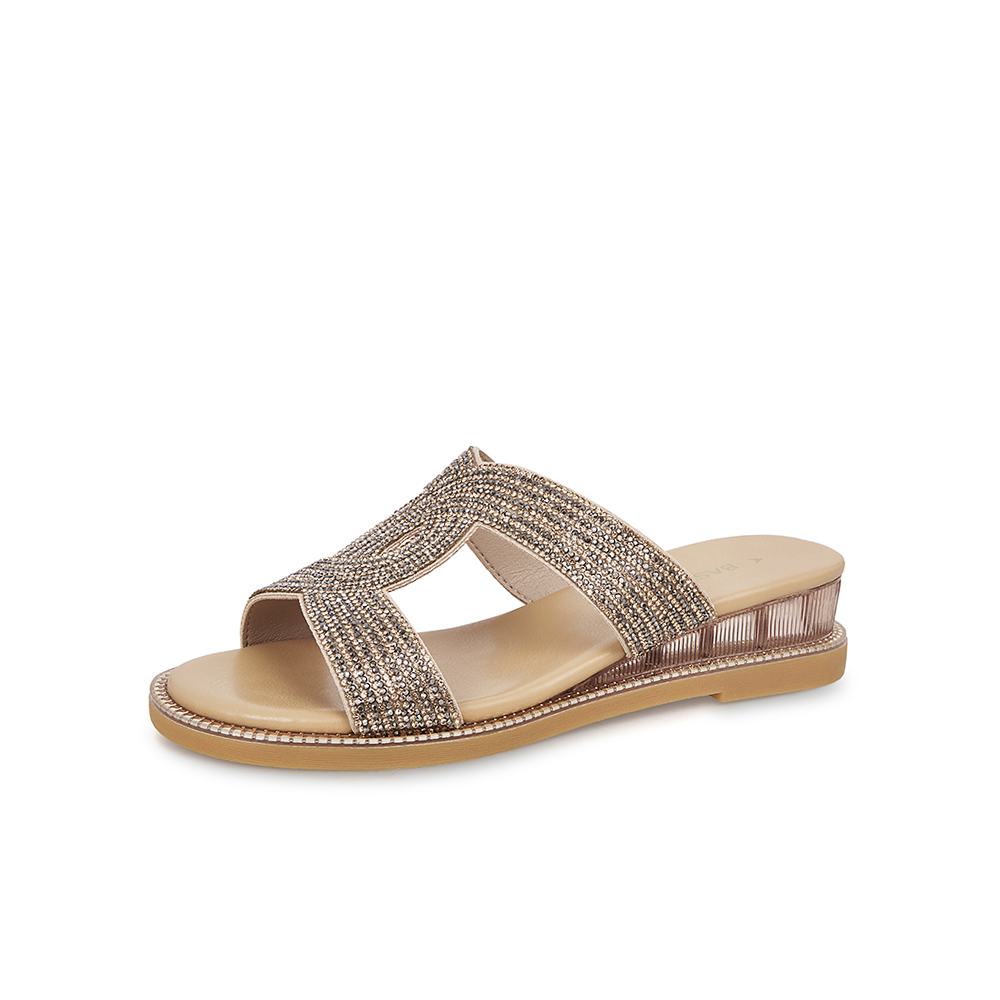 百思图2021夏季新款商场同款复古波西米亚风坡跟女拖鞋A1128BT1