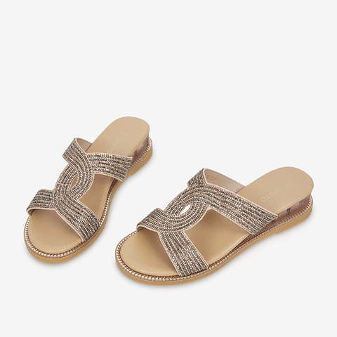 百思图2021夏季新款商场同款复古波西米亚风坡跟女拖鞋A1128BT1