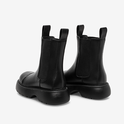 百思图2021冬季新款黑色炫酷圆头厚底切尔西靴女中靴ID516DZ1