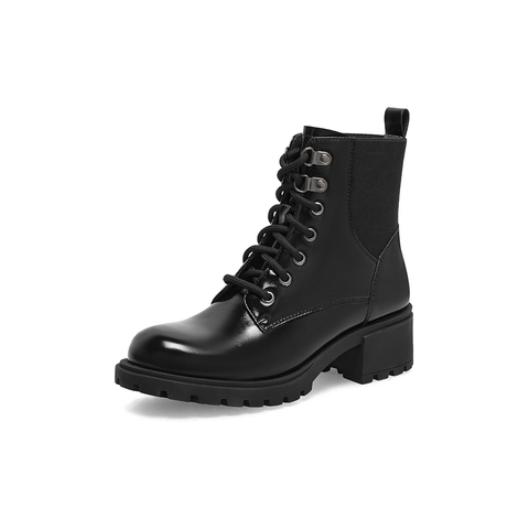 百思图2021冬季新款粗跟英伦风系带马丁靴女短靴WTM03DD1