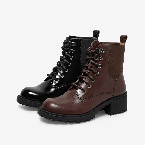 百思图2021冬季新款粗跟英伦风系带马丁靴女短靴WTM03DD1