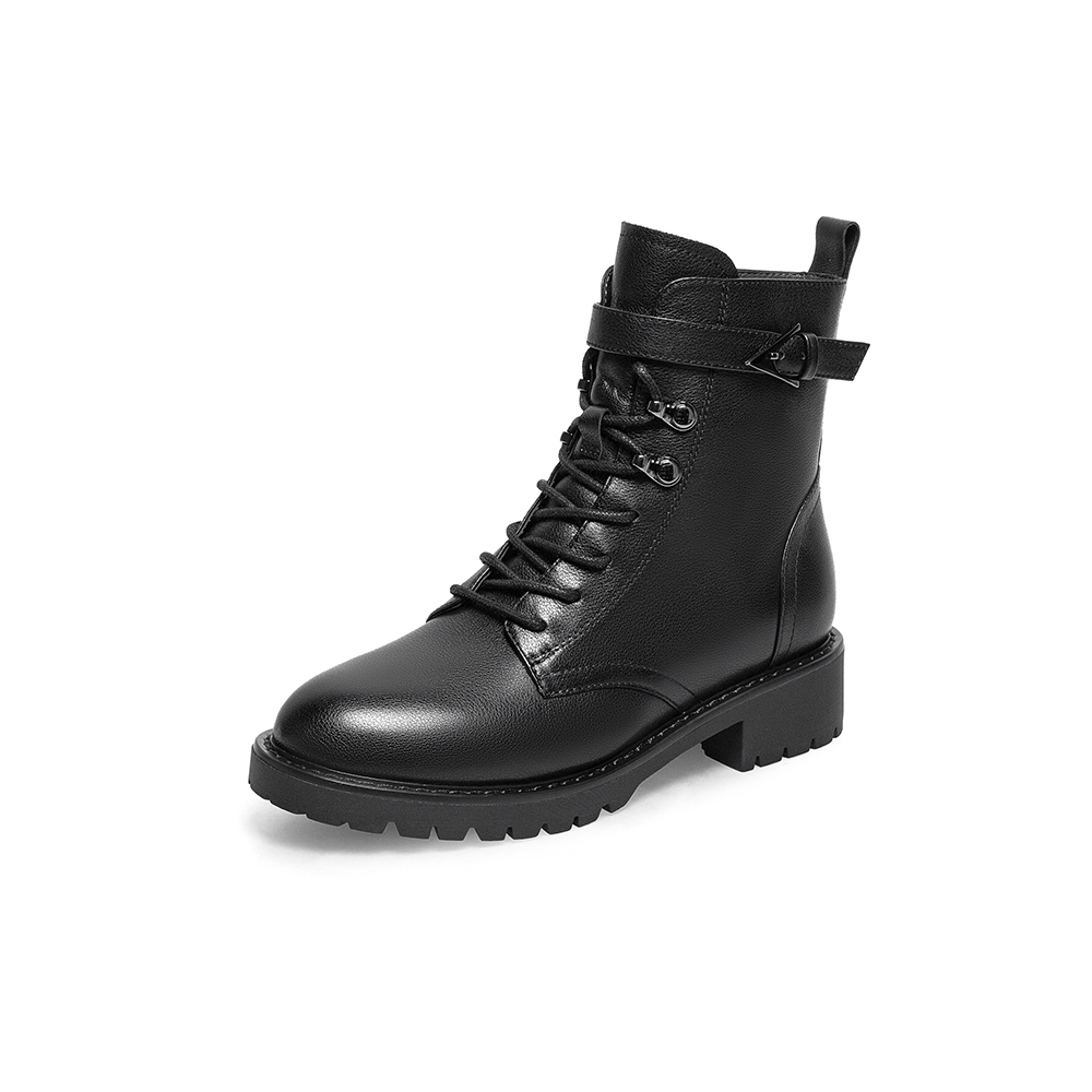 百思图2021冬季新款潮流英伦风松糕厚底粗跟马丁靴女短靴RE173DD1