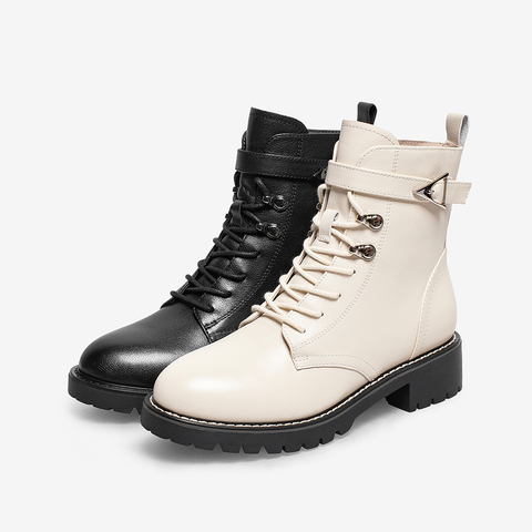 百思图2021冬季新款潮流英伦风松糕厚底粗跟马丁靴女短靴RE173DD1