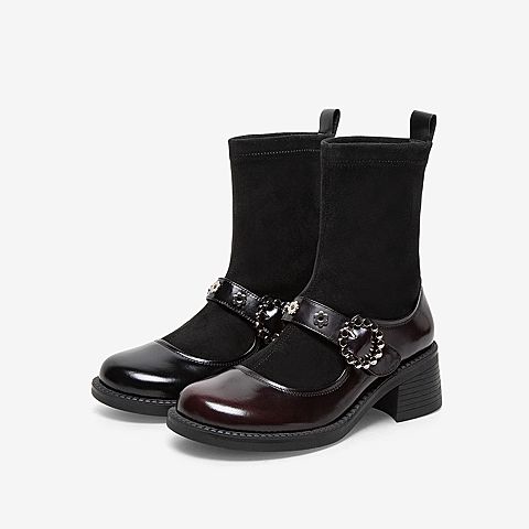 百思图2021冬季新款潮流简约舒适圆头方跟袜靴女短靴WUW01DD1