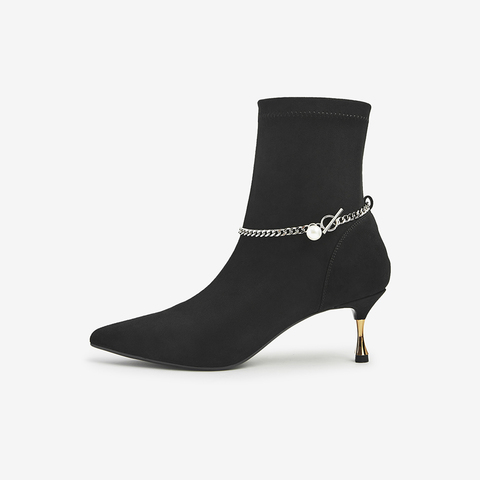 百思图2021冬季新款潮流链条饰带细高跟气质弹力靴女短靴BD031DD1