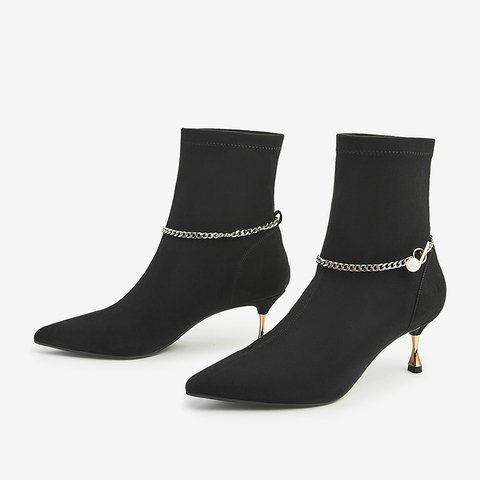 百思图2021冬季新款潮流链条饰带细高跟气质弹力靴女短靴BD031DD1