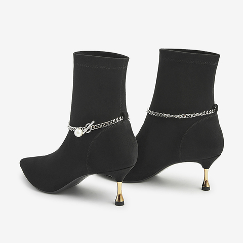 百思图2021冬季新款潮流链条饰带细高跟气质弹力靴女短靴BD031DD1
