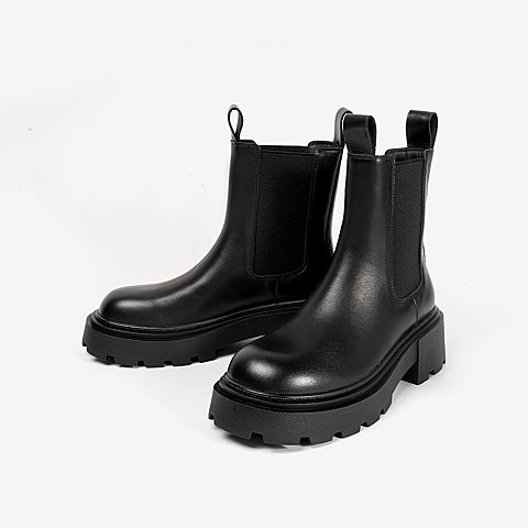 百思图2021冬季新款厚底经典潮流搭配烟管靴切尔西靴女靴ID163DD1