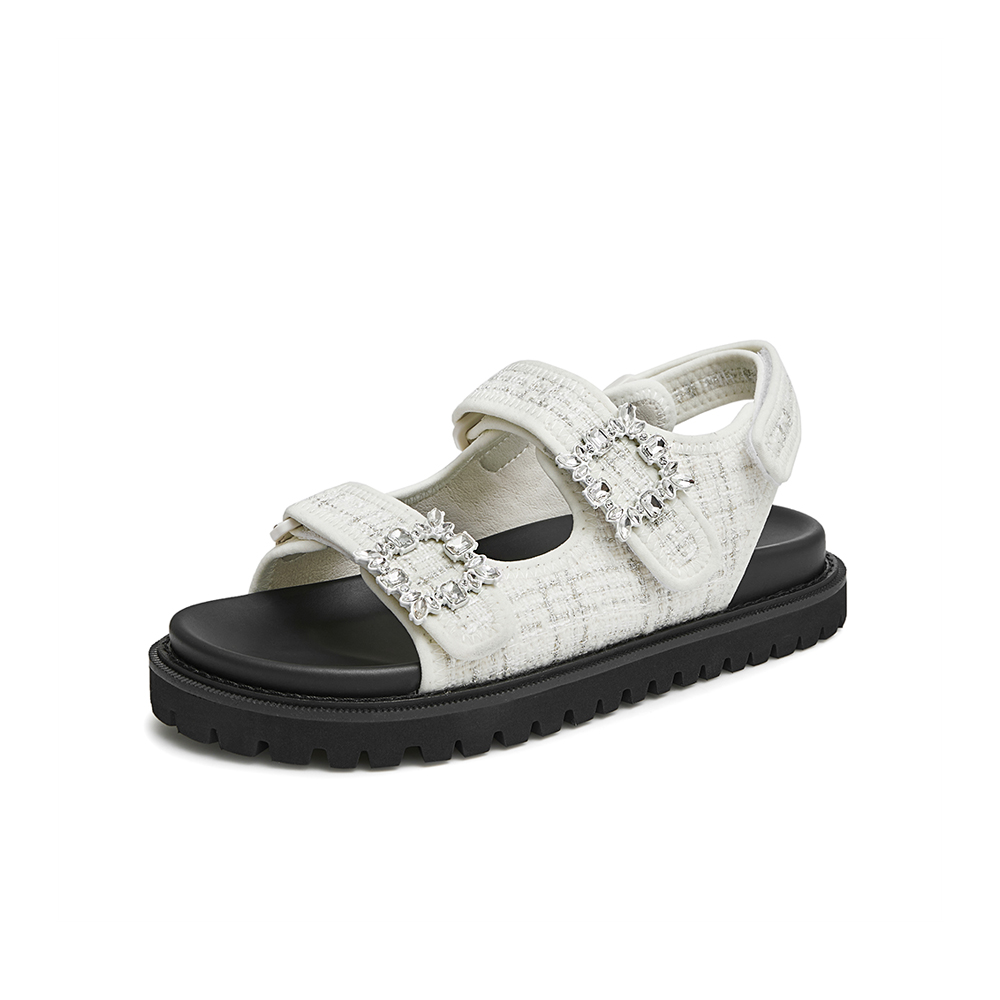 百思图2022夏季新款商场同款水钻方扣小香风魔术贴凉鞋女SB212BL2