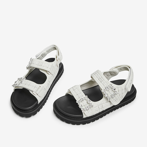 百思图2022夏季新款商场同款水钻方扣小香风魔术贴凉鞋女SB212BL2