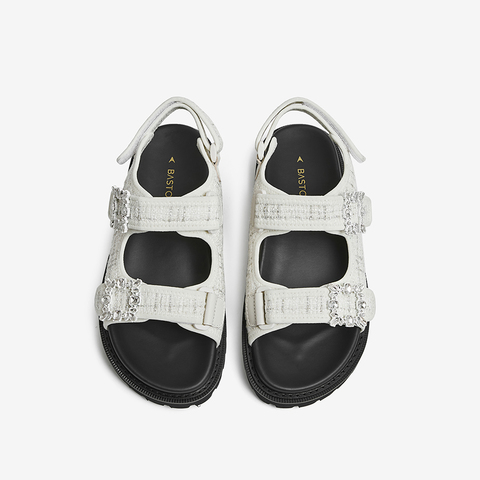 百思图2022夏季新款商场同款水钻方扣小香风魔术贴凉鞋女SB212BL2