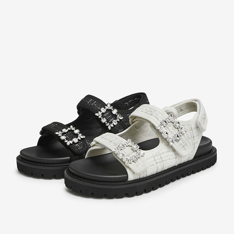 百思图2022夏季新款商场同款水钻方扣小香风魔术贴凉鞋女SB212BL2