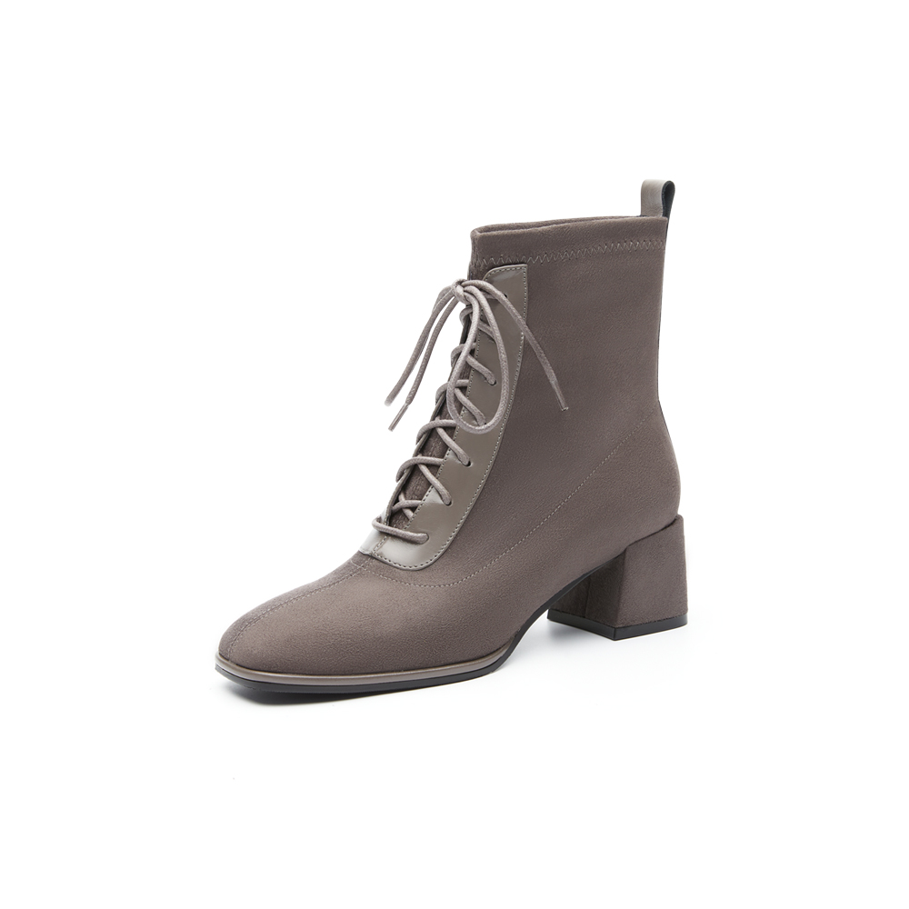 百思图2022冬季新款商场同款时尚气质粗跟弹力靴女短靴A2311DD2