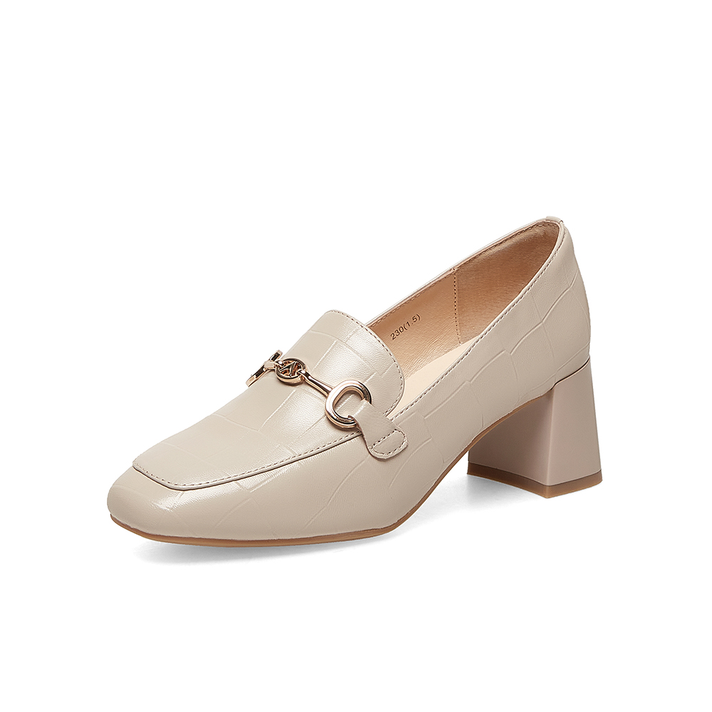 百思图2023春季新款商场同款时尚金属扣乐福鞋粗跟女单鞋KA103AA3