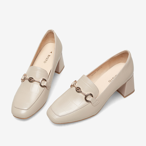 百思图2023春季新款商场同款时尚金属扣乐福鞋粗跟女单鞋KA103AA3