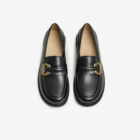 百思图2023秋季新款商场同款时髦金属扣乐福鞋粗跟女单鞋WHX46CA3