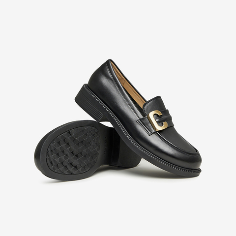 百思图2023秋季新款商场同款时髦金属扣乐福鞋粗跟女单鞋WHX46CA3