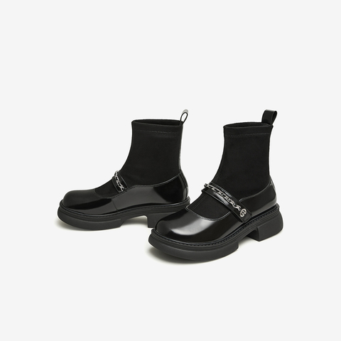 百思图2023冬季新款商场同款时髦法式复古袜靴粗跟女短靴VUM03DD3