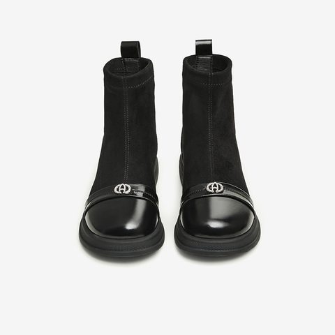 百思图2023冬季新款商场同款时髦英伦风弹力靴粗跟女短靴VUD01DD3