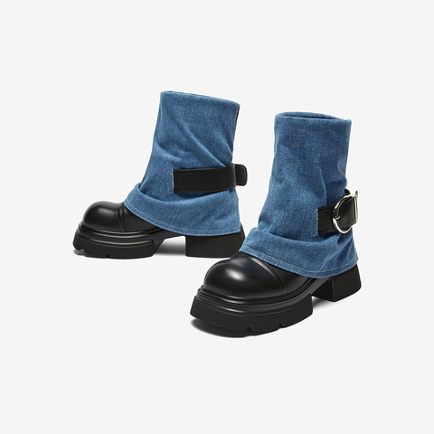 百思图2023冬季新款时尚街头休闲时装靴粗跟女中靴ZD901DZ3