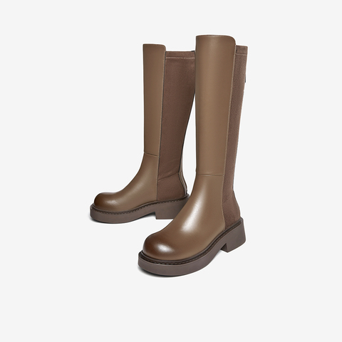 百思图2023冬季新款时髦简约街头骑士靴粗跟女长靴TD170DG3