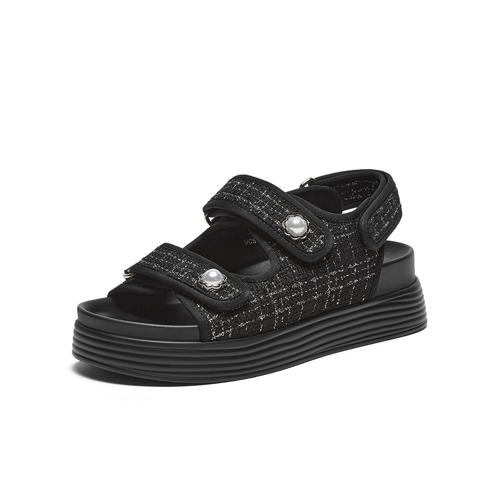 百思图2023夏季新款时尚法式小香风老爹运动凉厚底女凉鞋UCS07BL3