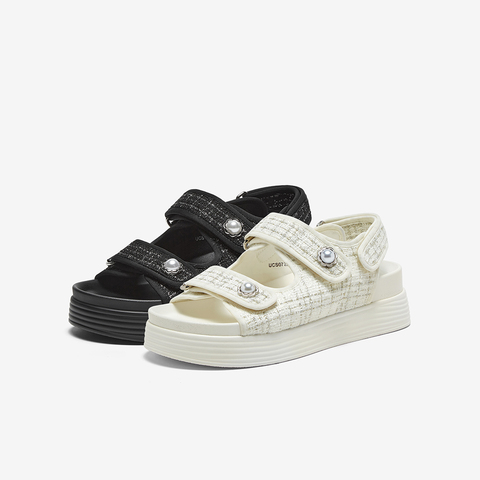 百思图2023夏季新款时尚法式小香风老爹运动凉厚底女凉鞋UCS07BL3