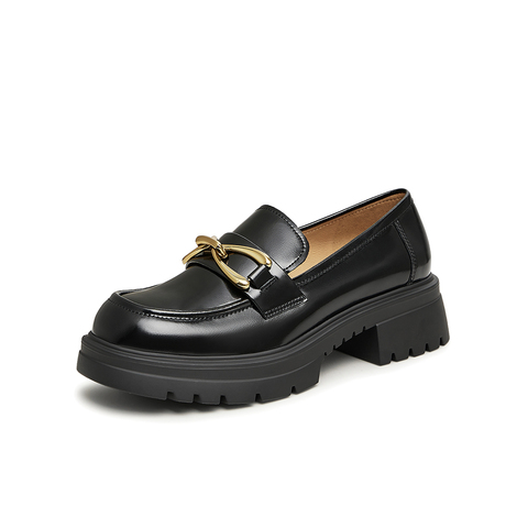 百思图2023秋季新款商场同款时髦金属扣乐福鞋粗跟女单鞋TFW39CA3