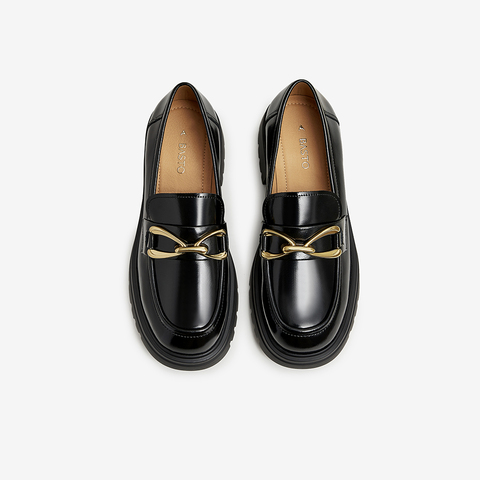 百思图2023秋季新款商场同款时髦金属扣乐福鞋粗跟女单鞋TFW39CA3