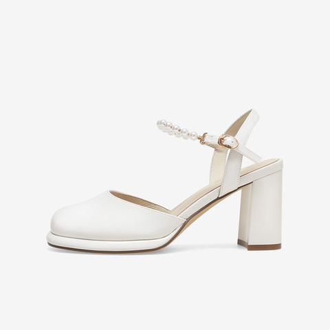 百思图2023夏季新款商场同款时尚珍珠饰粗高跟后空女凉鞋MA110BH3