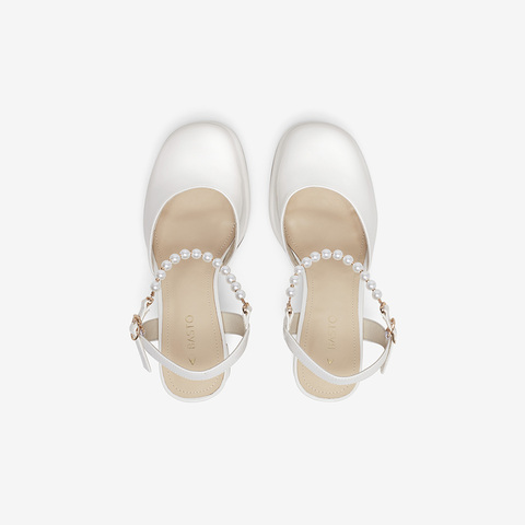 百思图2023夏季新款商场同款时尚珍珠饰粗高跟后空女凉鞋MA110BH3