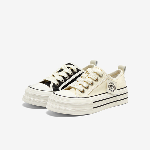 百思图2023秋季新款时尚休闲户外运动帆布鞋厚底女休闲鞋V0028CM3