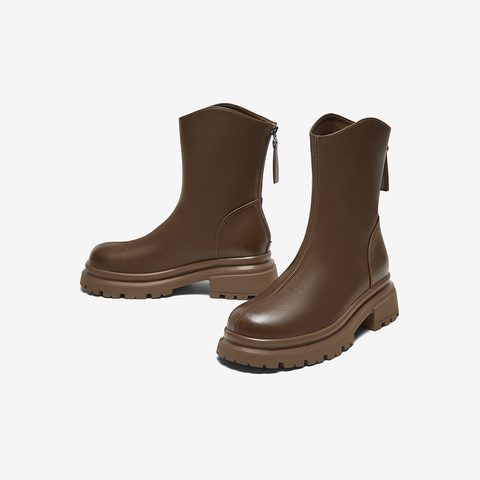 百思图2023冬季新款时尚简约街头时装靴粗跟圆头女短靴M5115DD3