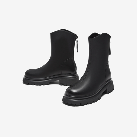 百思图2023冬季新款时尚简约街头时装靴粗跟圆头女短靴M5115DD3