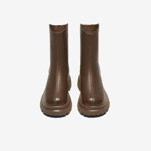 百思图2023冬季新款时尚简约街头时装靴粗跟圆头女短靴M5115DD3