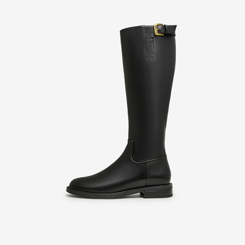 百思图2023冬季新款商场同款时尚简约骑士靴粗跟女长靴AX205DG3