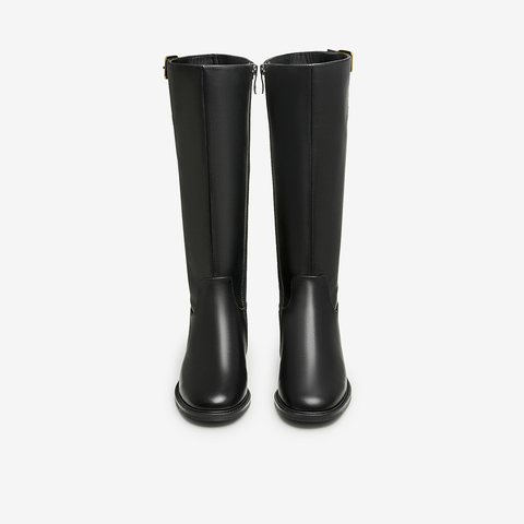 百思图2023冬季新款商场同款时尚简约骑士靴粗跟女长靴AX205DG3