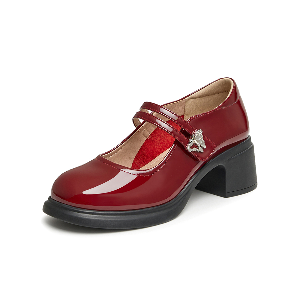 百思图2024春季新款时髦复古法式玛丽珍鞋粗跟女单鞋JA613AQ4