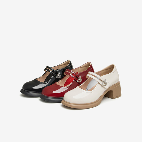 百思图2024春季新款时髦复古法式玛丽珍鞋粗跟女单鞋JA613AQ4