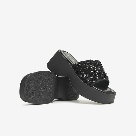 百思图2024夏季新款时髦简约一字拖粗高跟女拖鞋W2021BT4