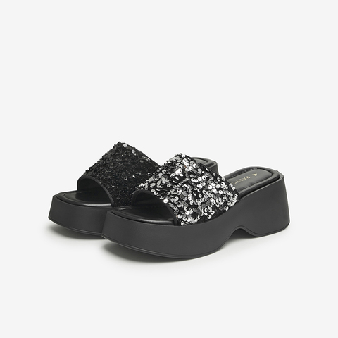 百思图2024夏季新款时髦简约一字拖粗高跟女拖鞋W2021BT4