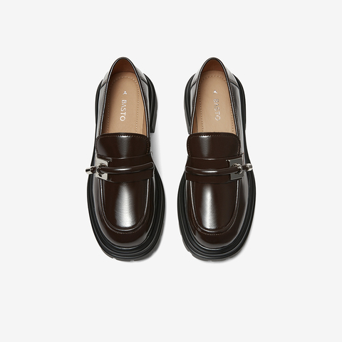 百思图2024春季新款商场同款英伦学院风乐福鞋粗跟女单鞋TFW40AA4