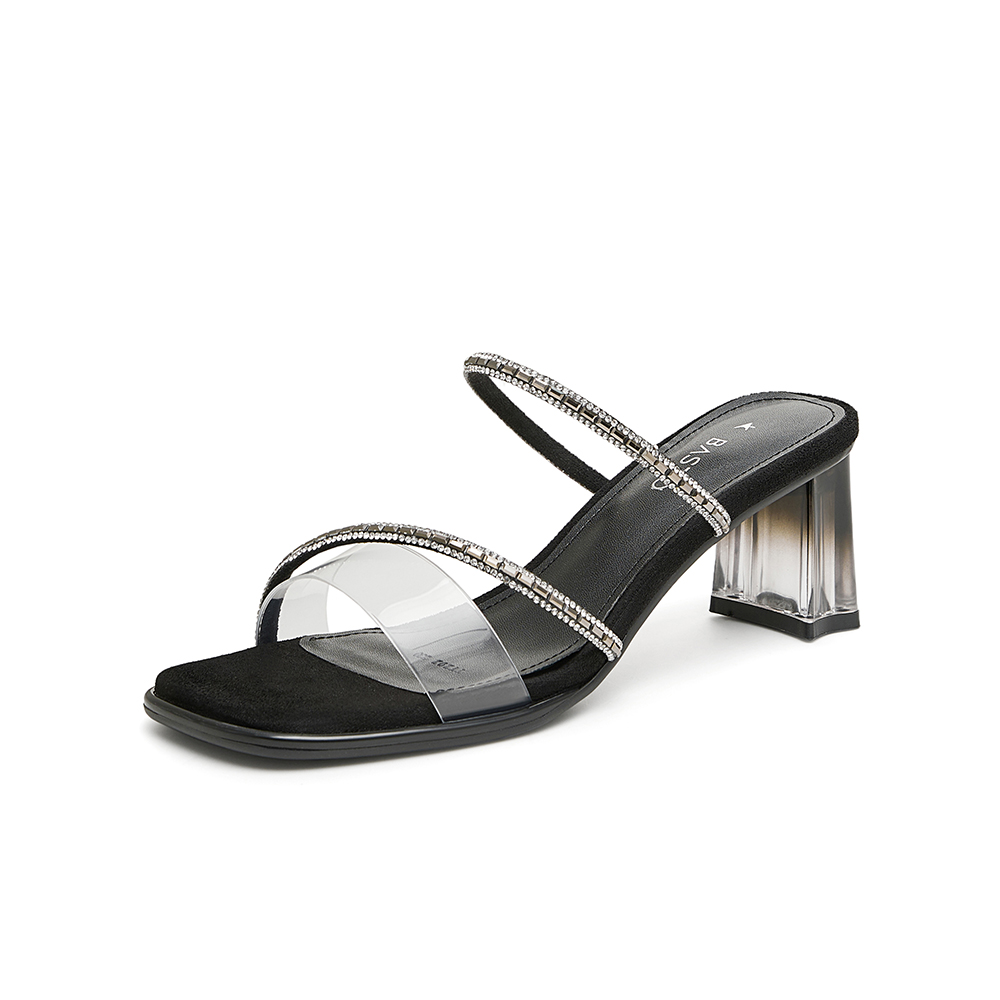 百思图2024夏季新款商场同款时髦条带休闲粗跟女拖鞋TT202BT4