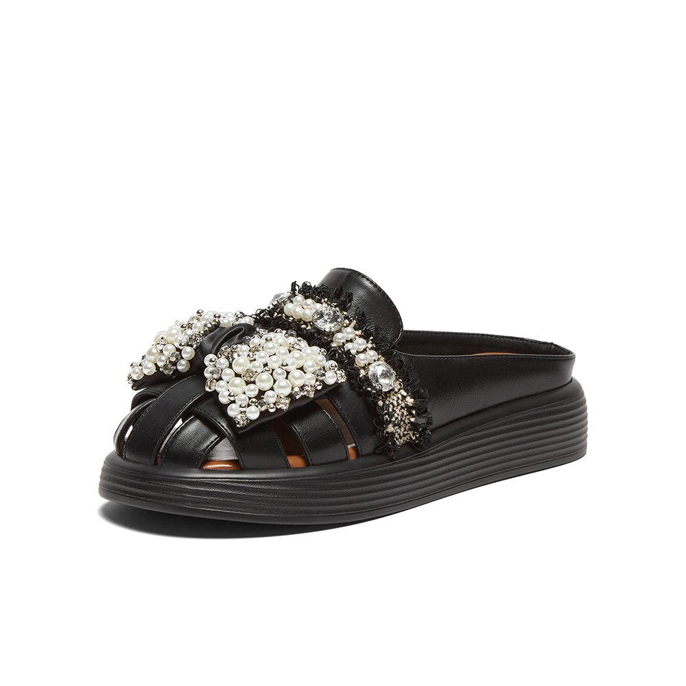 百思图2024夏季新款时尚休闲通勤珍珠穆勒鞋厚底女拖鞋W3221BH4